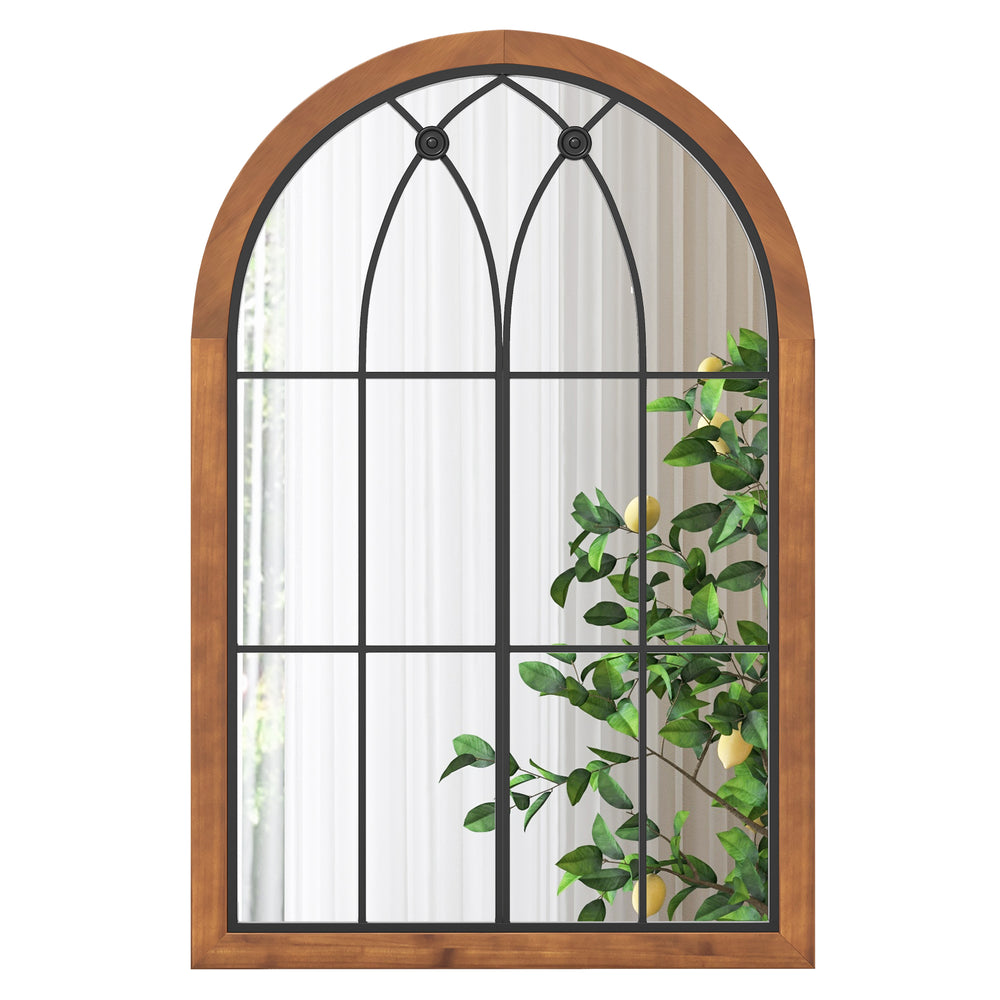 Arched window finished mirror with natural wood frame, enhancing room ambiance and providing a crystal-clear reflection.