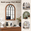 Arched window finished mirror in natural wood, enhancing room ambiance with a stylish frame for versatile home decor.