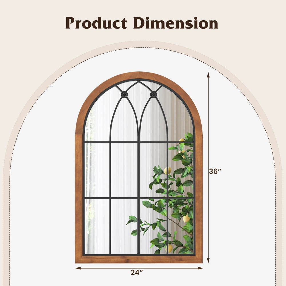 Arched window finished mirror with natural frame, dimensions 24" x 36", enhances room ambiance and reflects light.