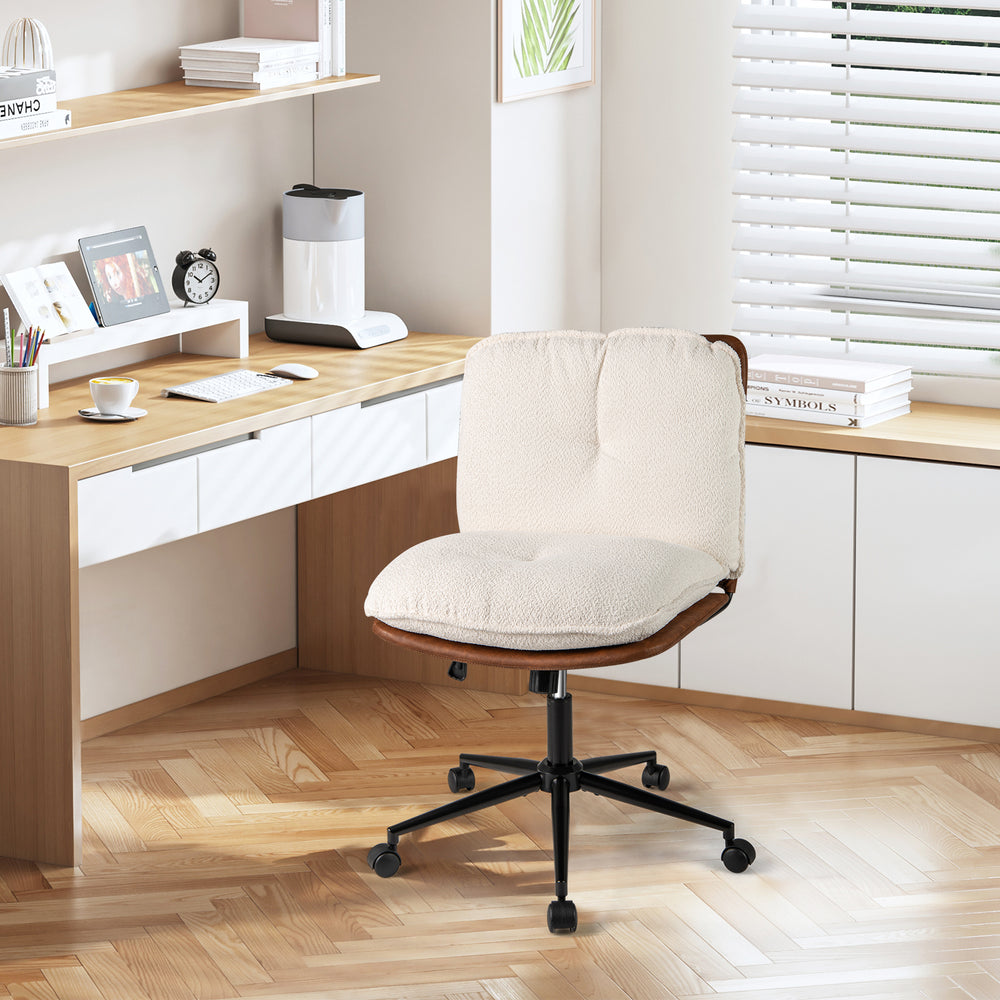 Armless home office chair with rocking backrest, adjustable height, and comfortable boucle cushion for ergonomic.