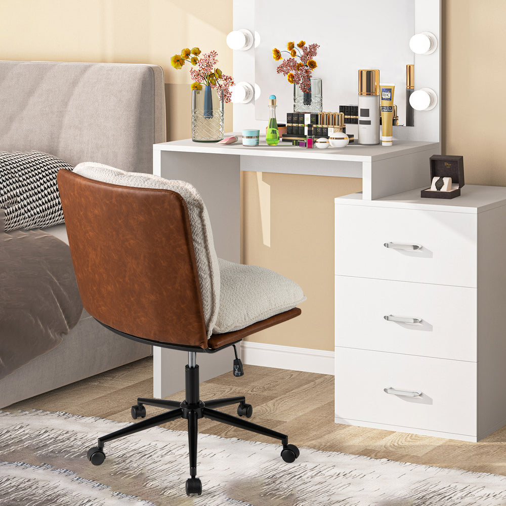 Armless home office chair with rocking backrest, adjustable height, and comfortable boucle cushion for versatile desk.