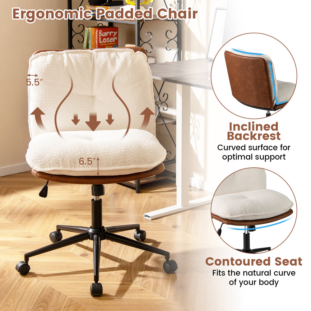 Armless home office chair with rocking backrest, contoured seat, and adjustable height for optimal comfort and support.
