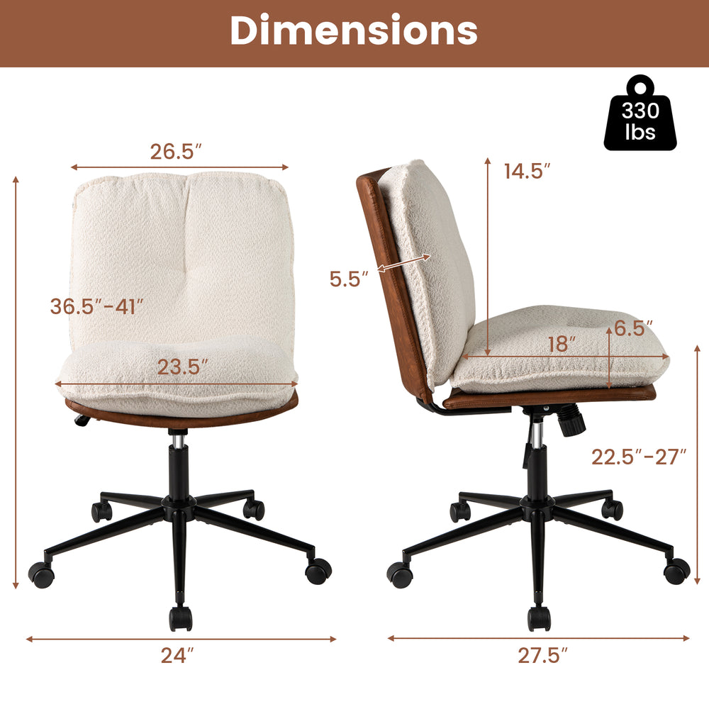 Armless home office chair with adjustable height, rocking backrest, and plush cushions for ergonomic support.