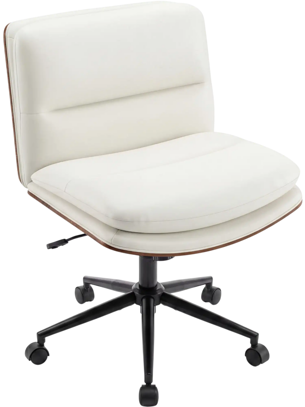 Armless office chair with curved backrest, padded seat, and height-adjustable design in white for versatile use.