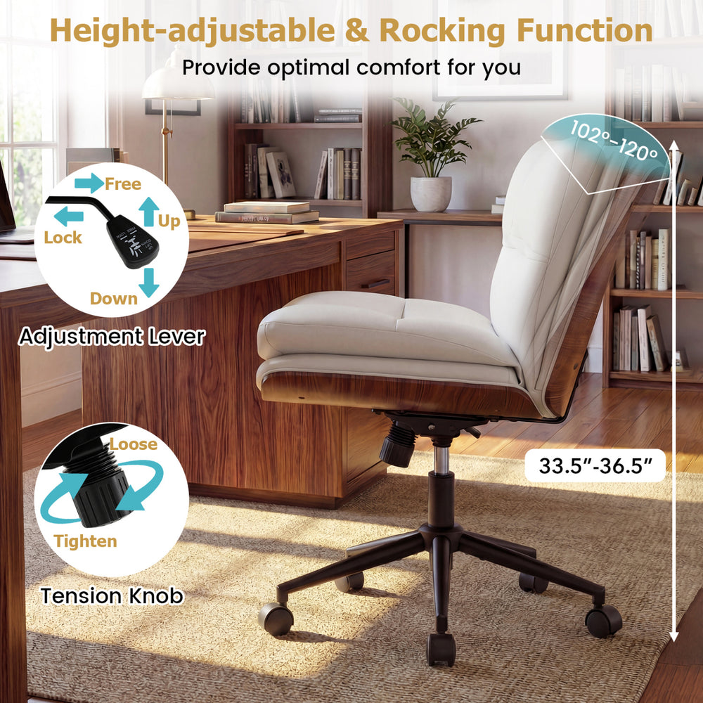 Armless office chair with curved backrest, height-adjustable, and rocking function for optimal comfort in white faux.