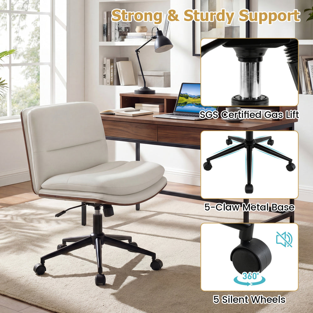 Armless office chair with curved backrest and padded seat in white, featuring a height-adjustable gas lift and 5 silent.