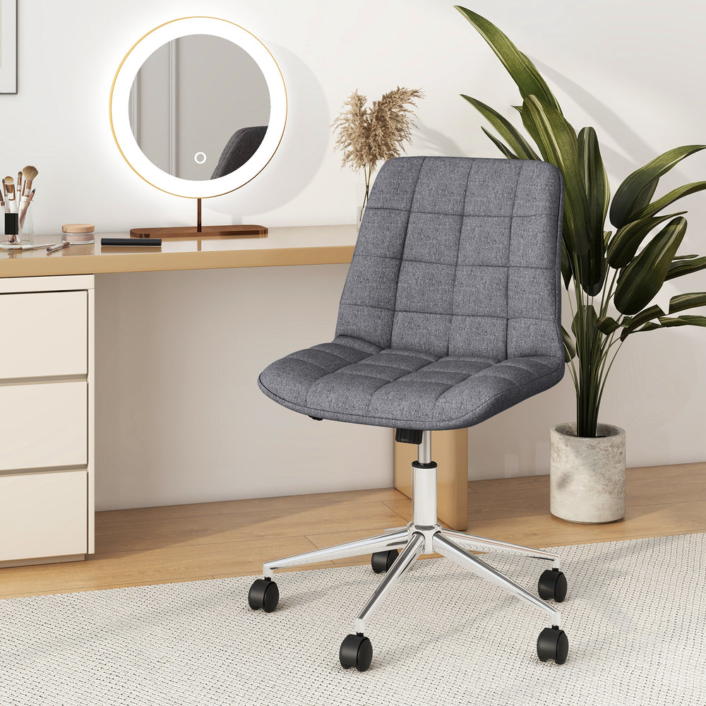 Armless grey office chair with adjustable height and wheels, featuring a thick sponge cushion for comfort and ergonomic.