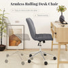 Armless rolling desk chair in grey with adjustable height, thick cushion, and wheels for easy mobility and space-saving.
