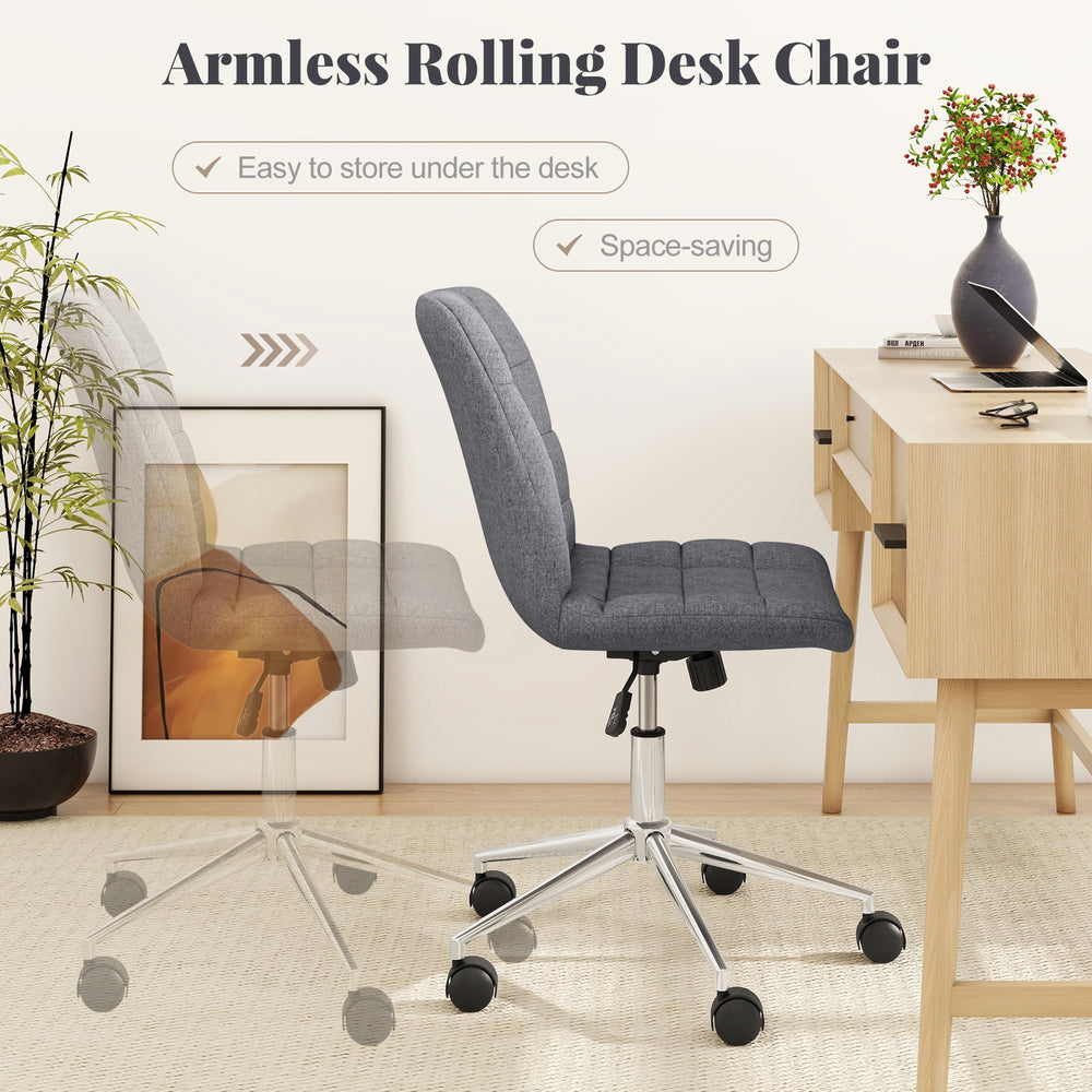 Armless rolling desk chair in grey with adjustable height, thick cushion, and wheels for easy mobility and space-saving.