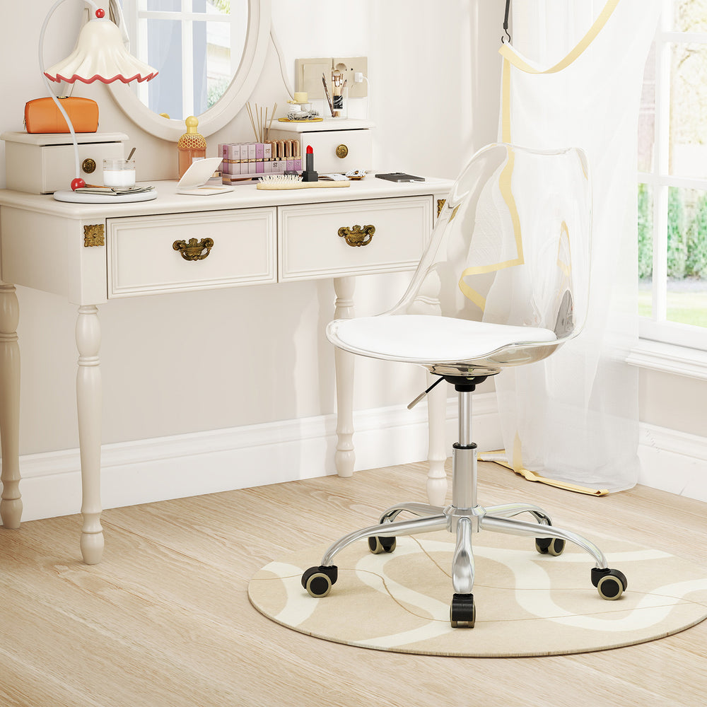 Armless rolling office chair with clear PET material and PU leather cushion, perfect for small spaces like study rooms.