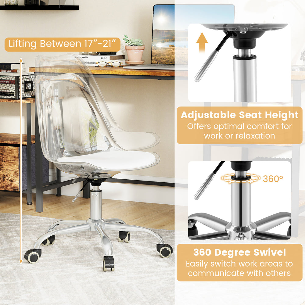 Armless rolling office chair with adjustable height, clear PET material, and soft PU leather cushion for comfort.