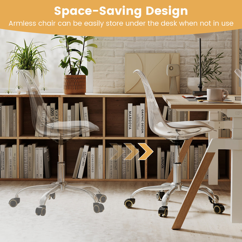 Armless rolling office chair in clear PET with swivel seat and PU leather cushion, ideal for small spaces.