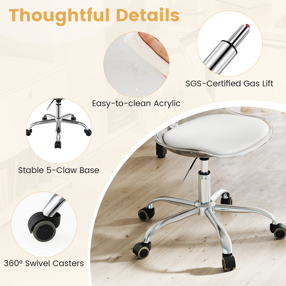 Clear armless rolling office chair with a soft PU leather cushion, 360° swivel, and stable 5-claw base for ergonomic.