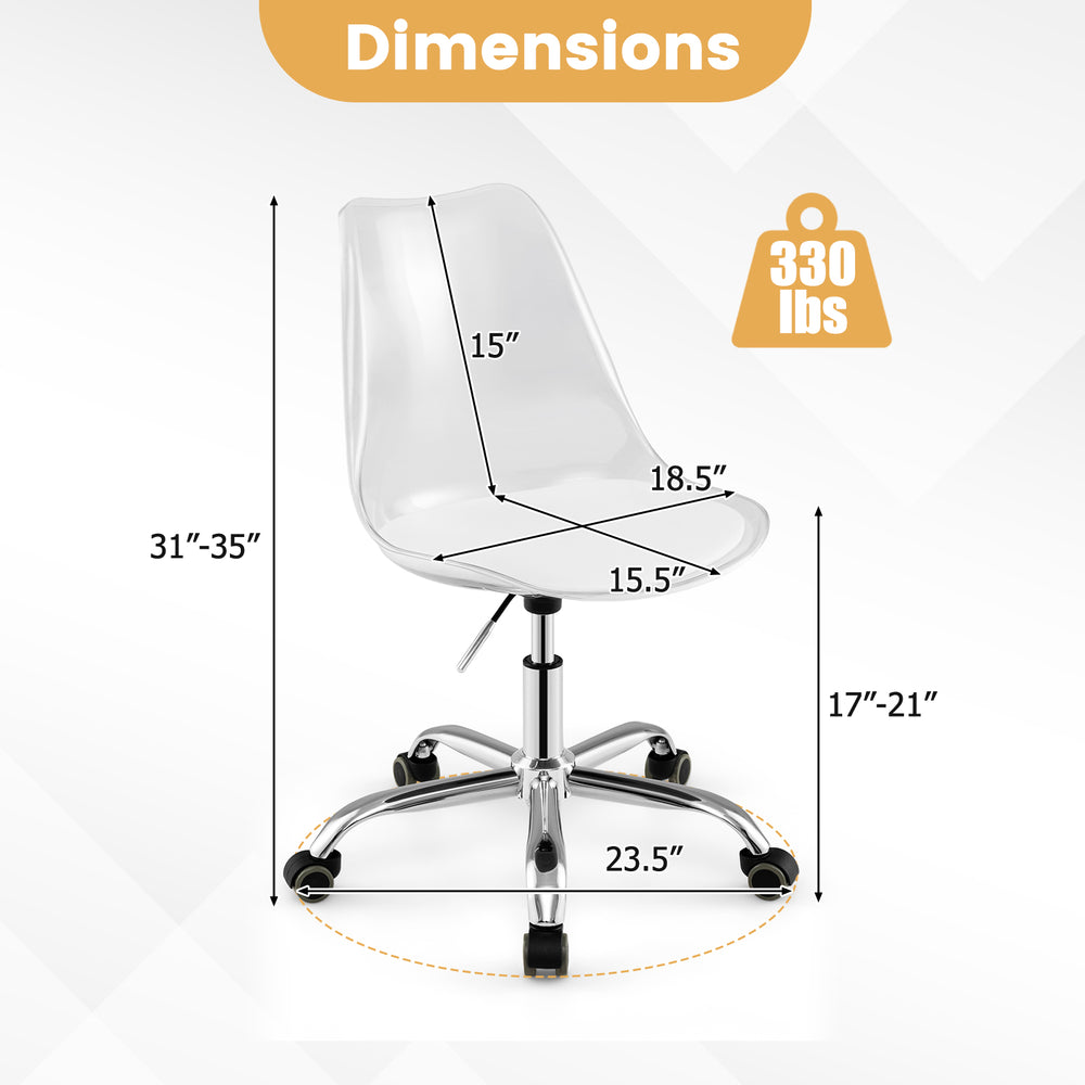 Armless rolling office chair with clear PET seat, adjustable height, and sturdy electroplate metal base for small.