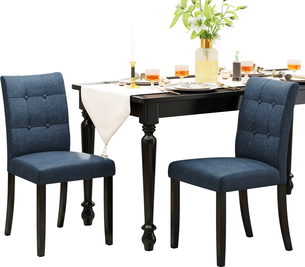 Set of 2 dark blue tufted dining chairs with rubber wood legs, featuring ergonomic backrest for dining comfort.