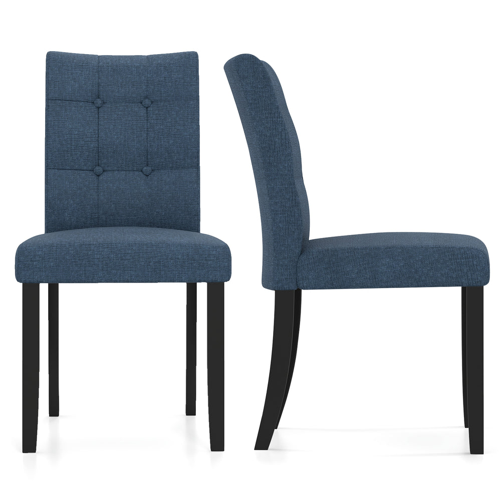 Set of 2 armless tufted dining chairs in dark blue with rubber wood legs, featuring ergonomic high backrests for.
