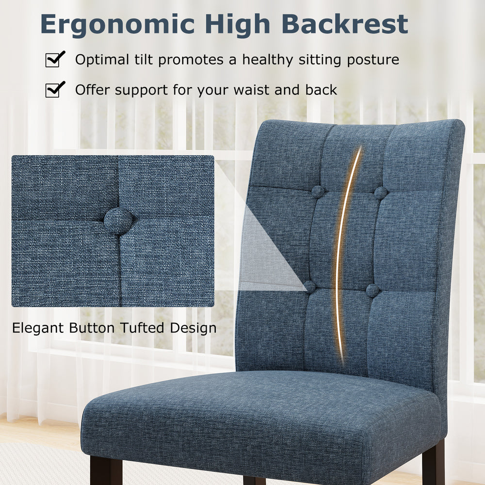 Dark blue tufted dining chair with ergonomic high backrest and rubber wood legs, ideal for comfortable dining.
