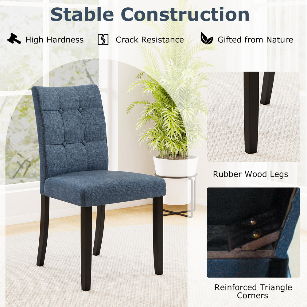 Tufted dining chair in dark blue with rubber wood legs, featuring a high backrest and reinforced triangle corners for.