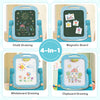4-in-1 adjustable height art easel for kids features chalk, magnetic, whiteboard, and clipboard drawing options.