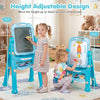Kids use the height adjustable green art easel featuring a chalkboard, magnetic board, and whiteboard for creative fun.