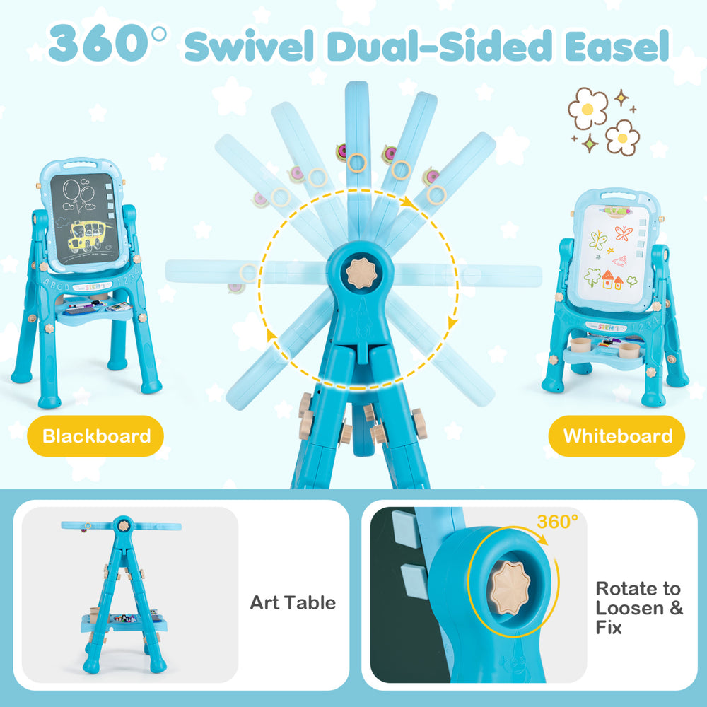 Adjustable height art easel for kids features a 360° swivel design with blackboard and whiteboard for creative fun.
