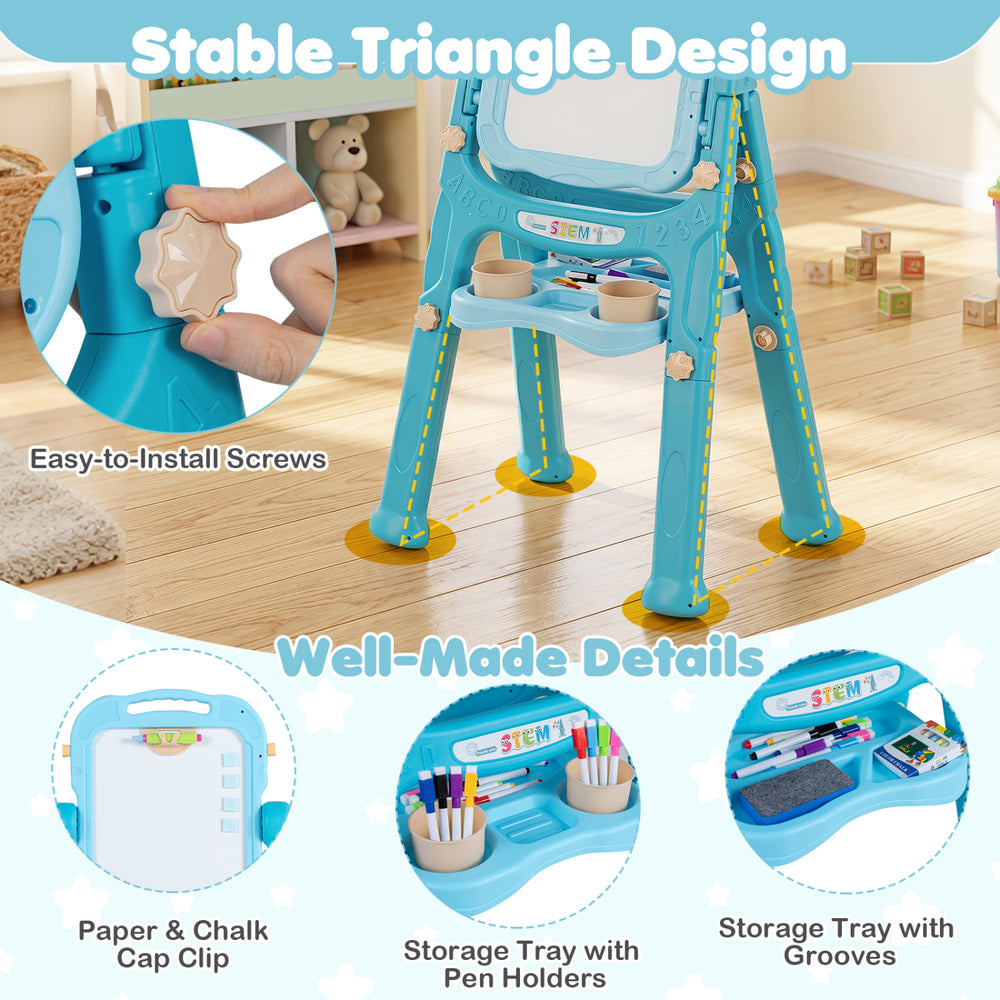 Adjustable height art easel for kids features a stable triangle design, dual-sided boards, and convenient storage trays.