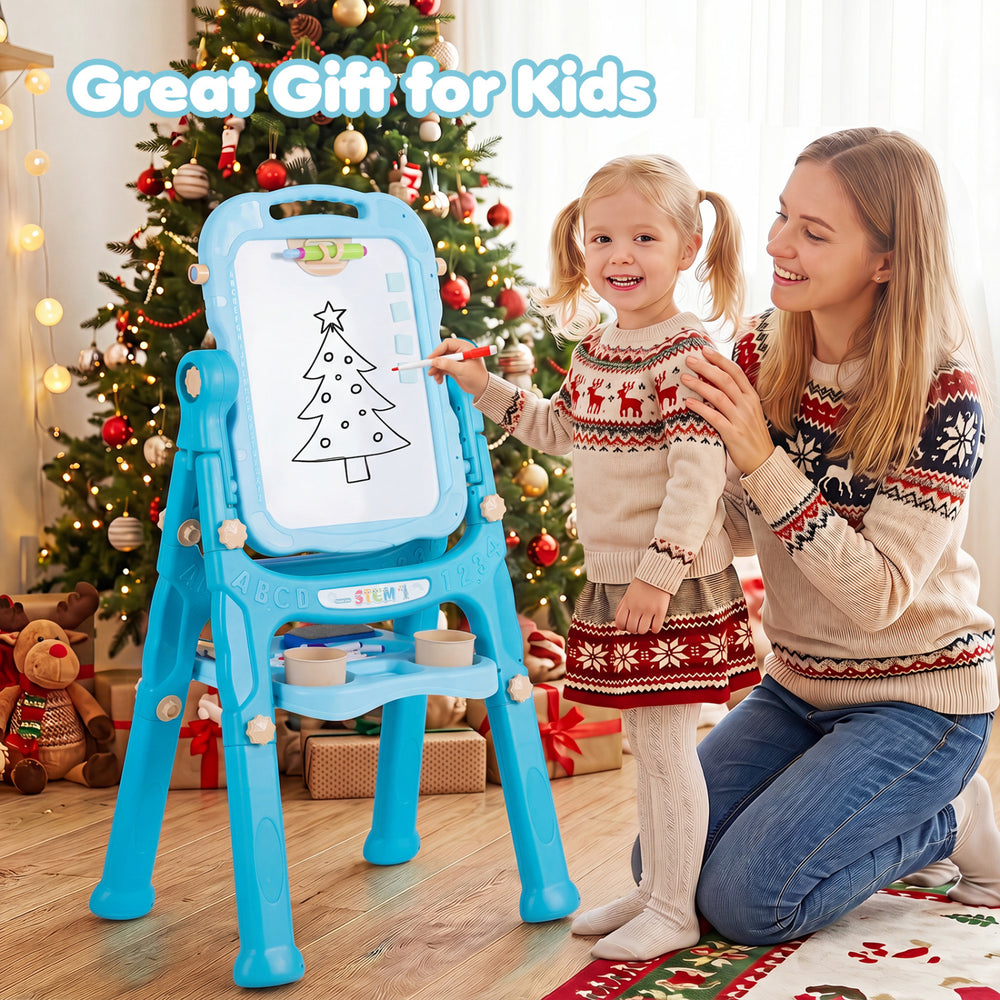 Adjustable height art easel for kids features a dual-sided design with chalk, magnetic board, and whiteboard for creative fun.