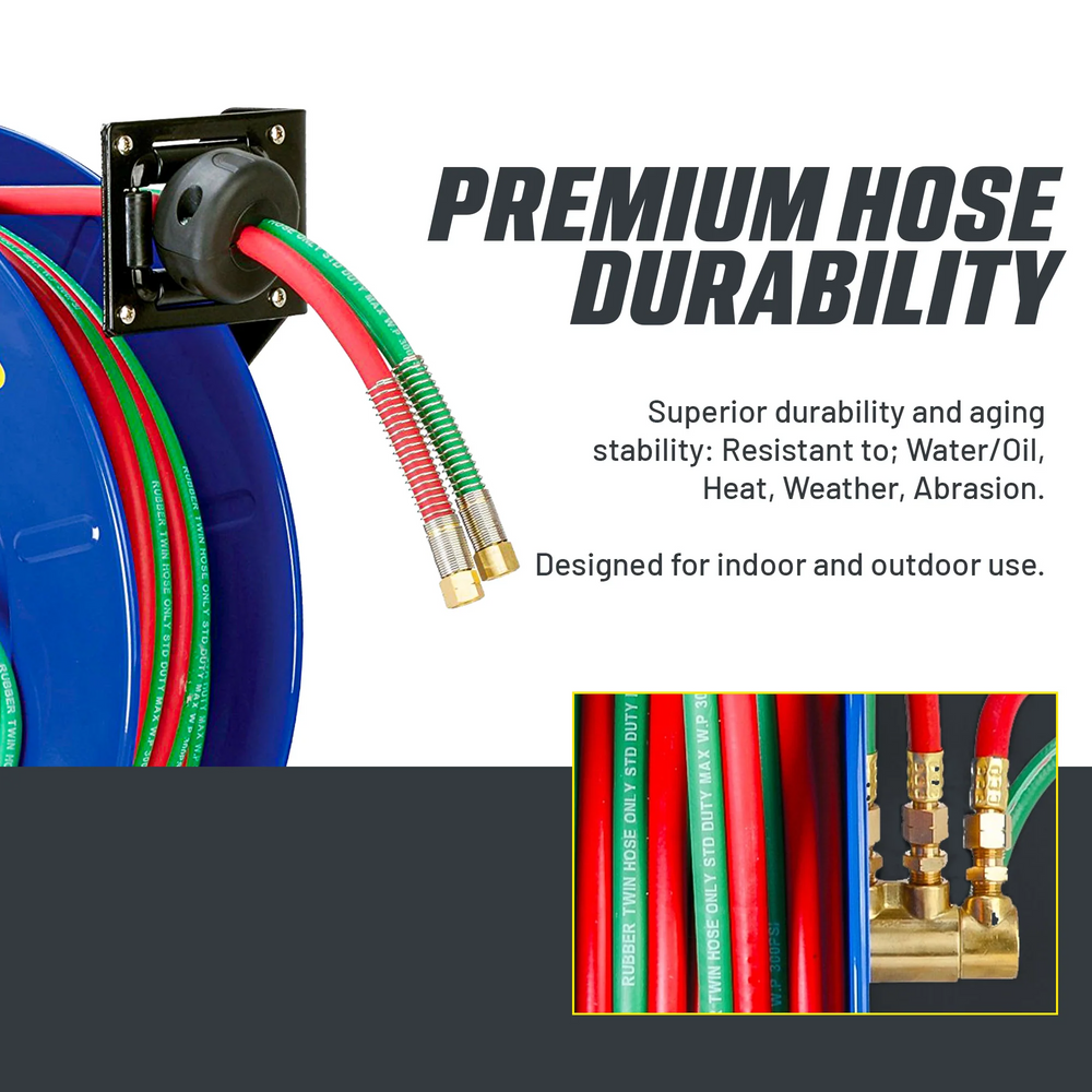 Goodyear GUR079 Welding Hose Reel Retractable 1/4" x 65' Twin Oxy Acetylene Hoses Single Arm 300 PSI New