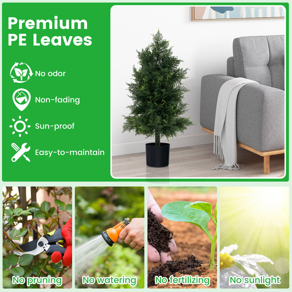Artificial cedar topiary tree with realistic leaves in a cement-filled pot, perfect for porch and office decor.