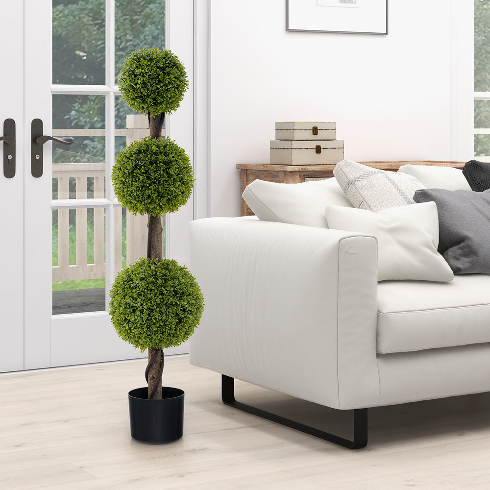Artificial 4 FT ball shape bush tree with lush PE leaves and stable base, perfect for indoor or outdoor decor.