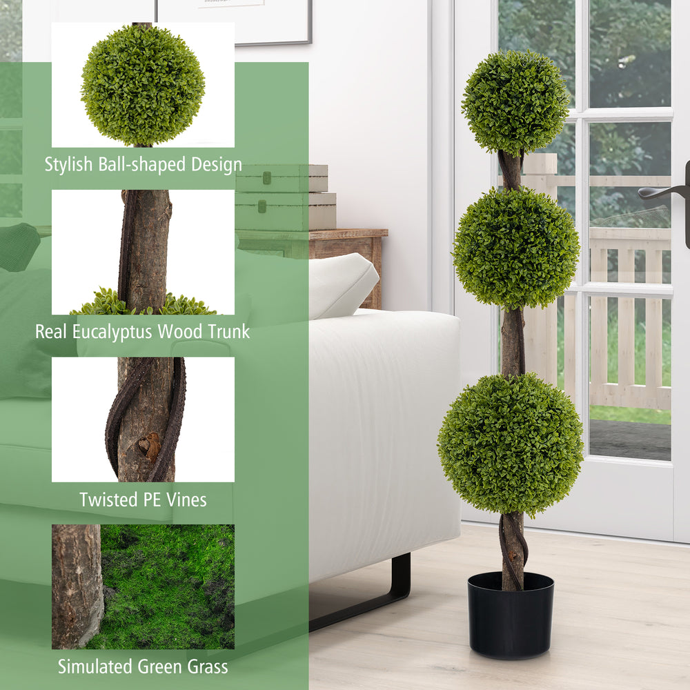 4 FT artificial ball shape bush tree with lush PE leaves and real eucalyptus wood trunk, perfect for indoor or outdoor.