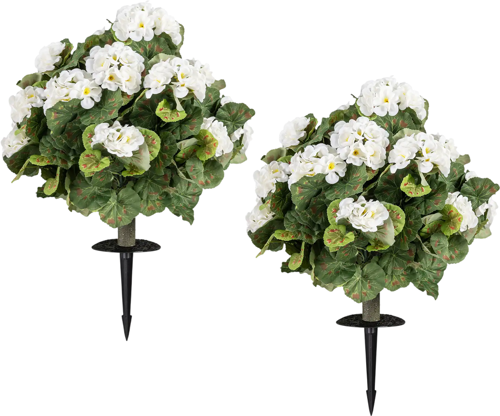 Set of 2 artificial begonia ball trees with 22 vivid flowers, 13-inch size, ideal for porch or garden decoration.
