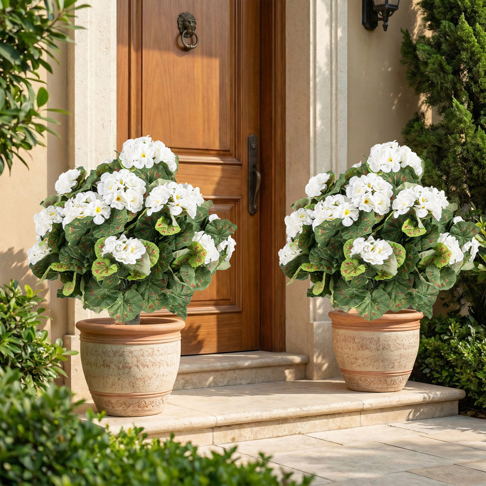 Artificial Begonia ball trees set of 2, 13-inch white flowers in decorative pots, perfect for porch or garden decor.