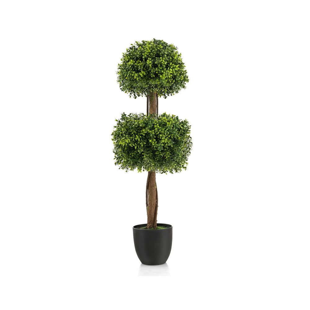 Double ball-shaped 40-inch artificial boxwood topiary tree with a realistic trunk, perfect for front porch or patio.