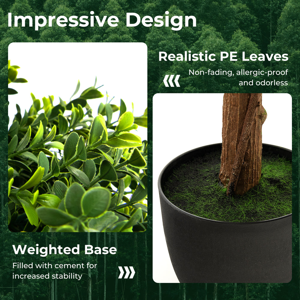 Artificial boxwood topiary ball tree with realistic PE leaves and weighted base, perfect for front porch or patio decor.