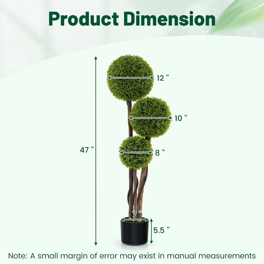 Artificial boxwood topiary tree with triple ball design, 4 ft tall, in a weighted pot for stable indoor or outdoor.