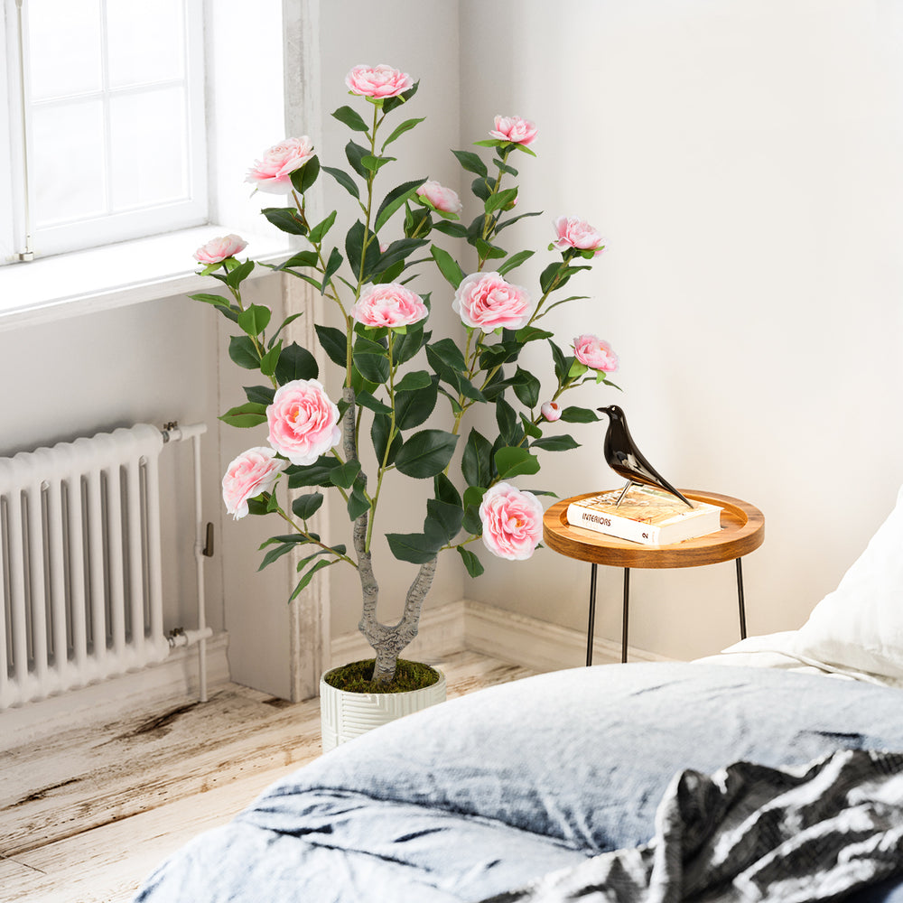 36-inch artificial camellia tree with pink flowers in a stable pot, perfect for home or office decoration.