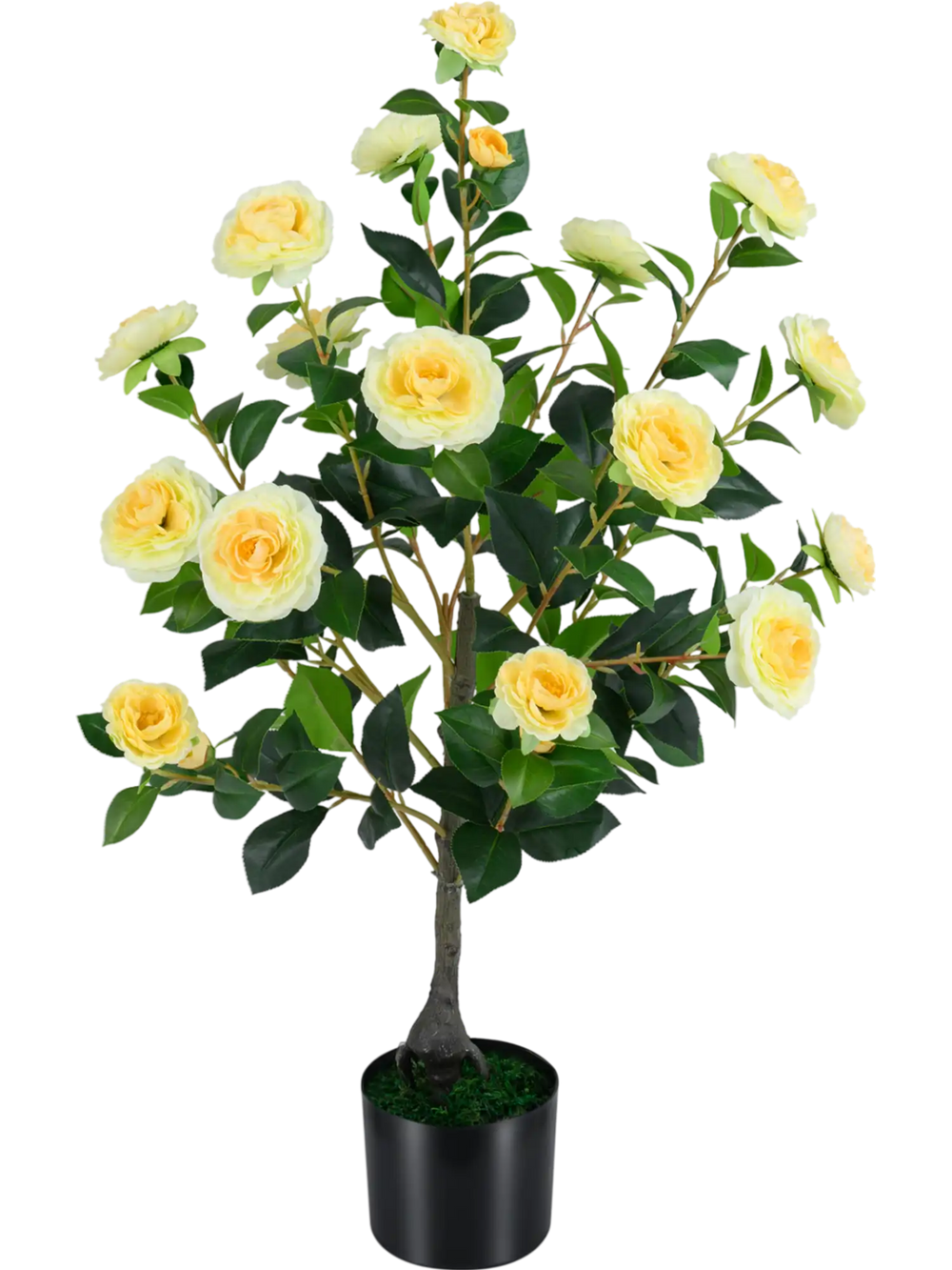 Artificial camellia tree with yellow flowers in a cement-filled pot, perfect for home or office decor.