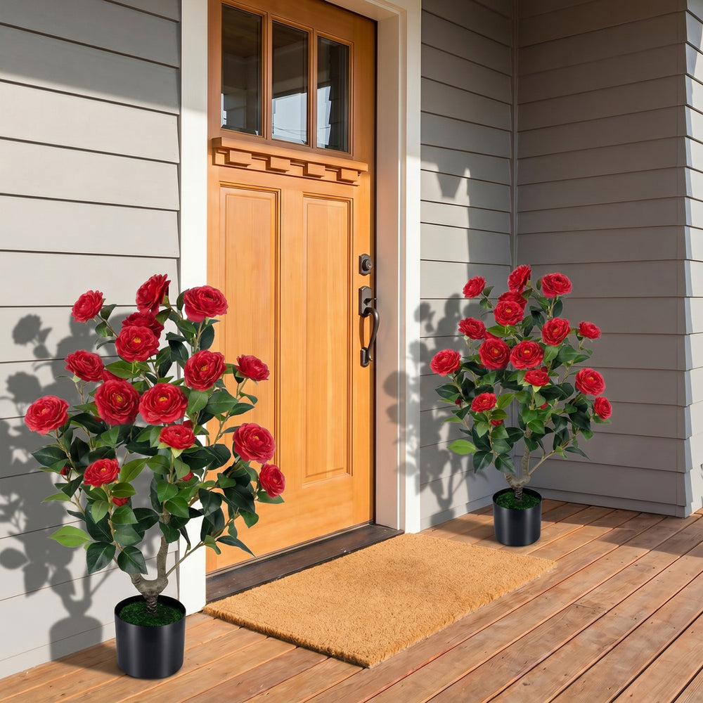 Artificial Camellia Tree Faux Flower Plant in Cement-Filled Pot=Red - Gallery View 1 of 10