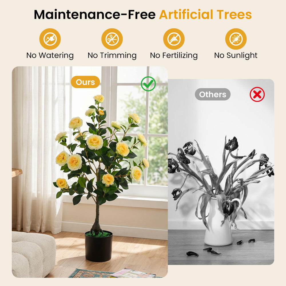 Artificial Camellia tree with yellow flowers in a cement-filled pot, 35.5" tall, perfect for indoor or outdoor.