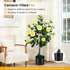 Artificial camellia tree in a cement-filled pot, featuring yellow flowers and dense leaves for indoor or outdoor decor.