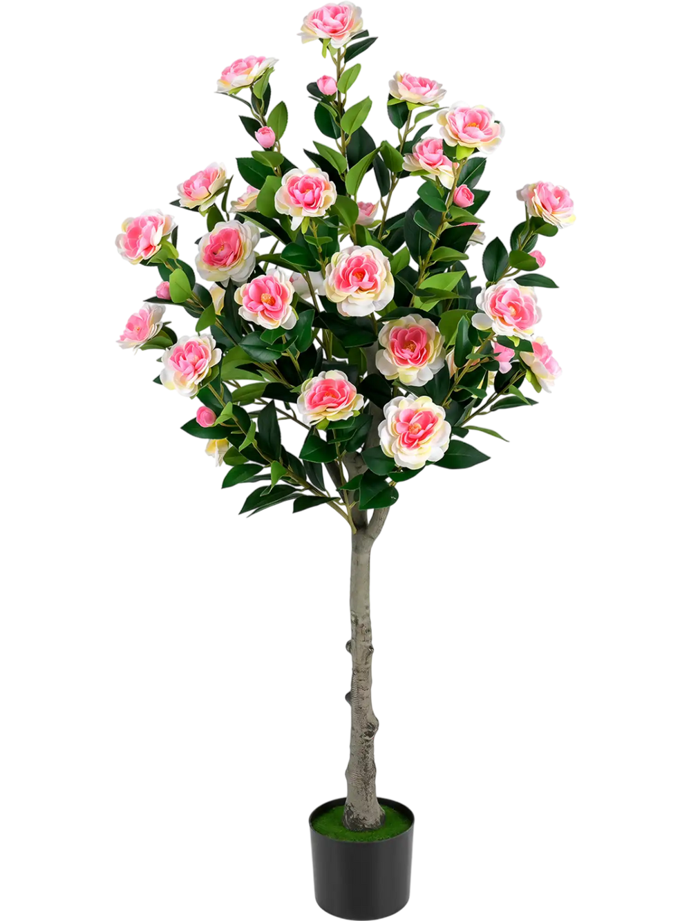 Artificial camellia tree with 27 pink blossoms and lush green leaves in a cement pot, perfect for home decor.