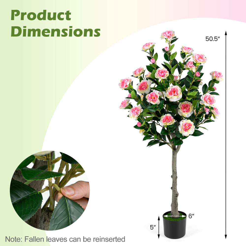 Artificial camellia tree with 27 blossoms and lush green leaves in a cement pot, perfect for home decoration.