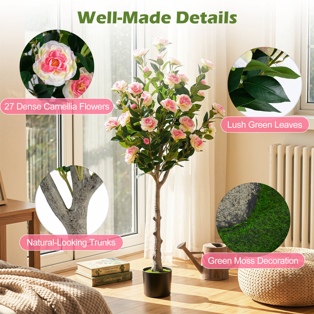 Artificial camellia tree showcasing natural-looking trunks and green moss decoration for a vibrant home accent.