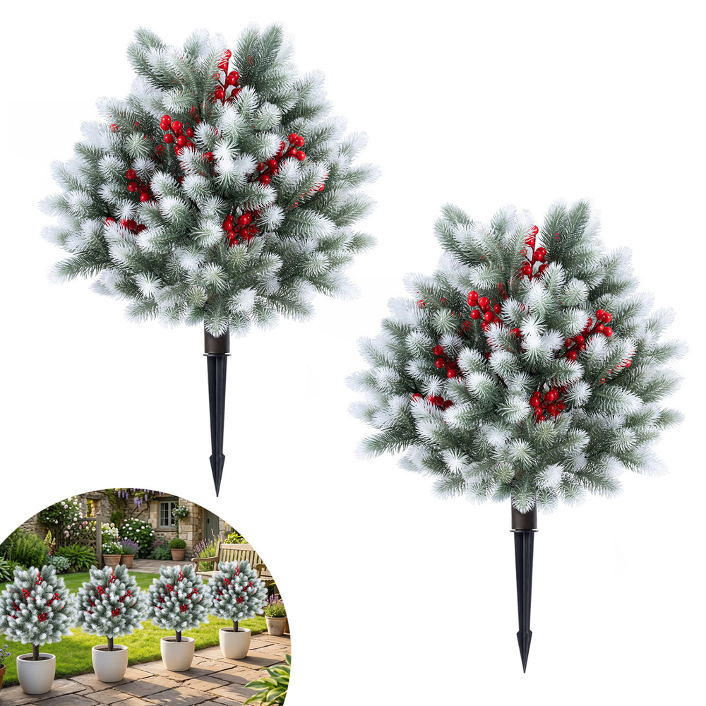Artificial cedar topiary ball trees set of 2 with snowy foliage and red berries, perfect for winter porch decoration.