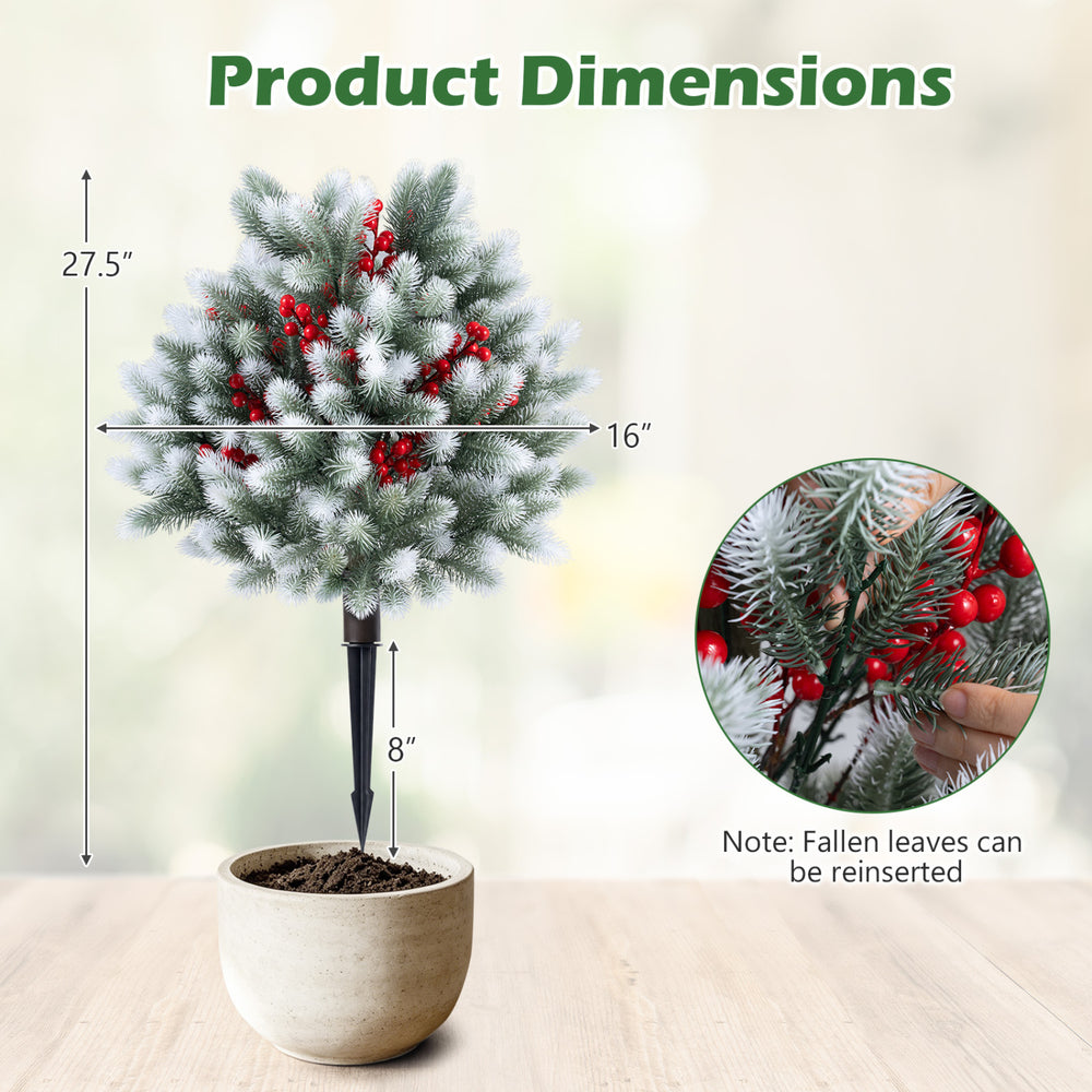 Artificial cedar topiary ball tree with red berries, measuring 27.5 inches, ideal for winter decoration in outdoor spaces.