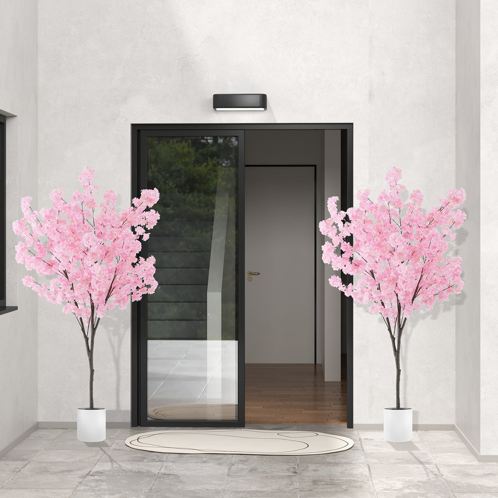 6.5 FT tall artificial cherry blossom tree with 900 pink flowers in a cement pot, perfect for indoor decoration.