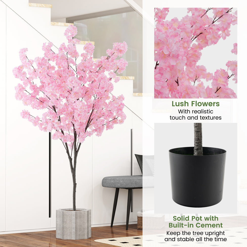 6.5 FT tall artificial cherry blossom tree with 900 pink flowers in a solid cement pot, perfect for indoor decoration.