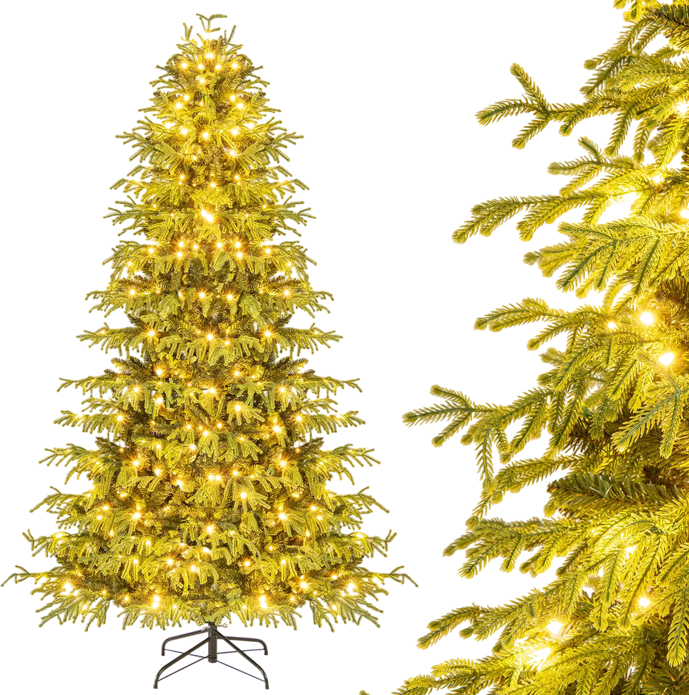 Full view of a 7-foot artificial Christmas tree with warm white LED lights and dense PVC mixed branch tips for festive.