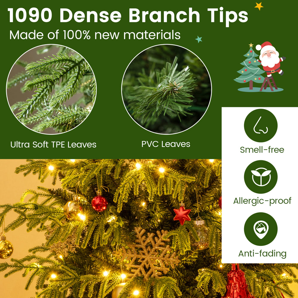 Artificial Christmas tree with 1090 dense branch tips, warm white LED lights, and a folding metal stand for easy setup.
